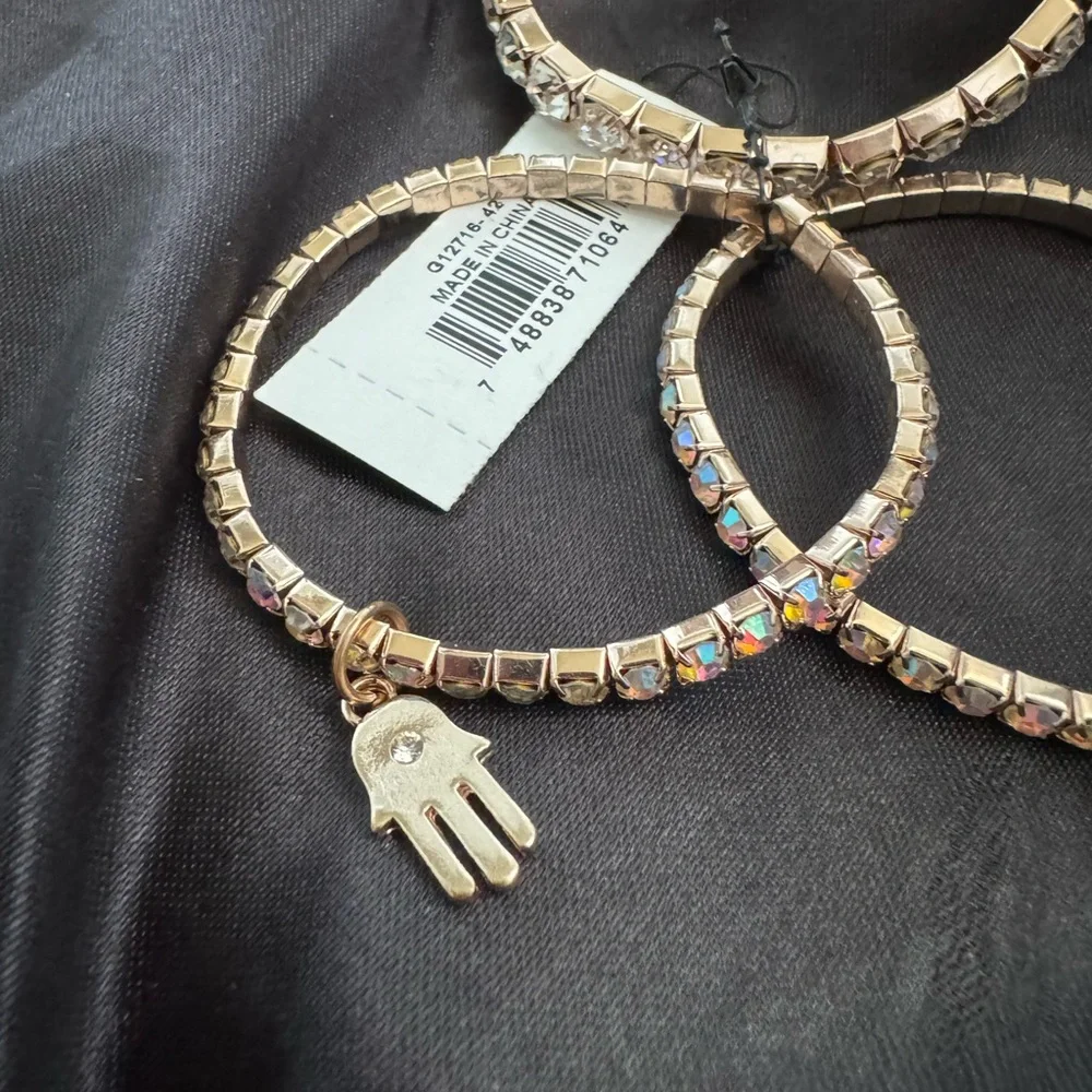 Guess Trio Rose Gold Tone Bling Stretch Bracelets w/a Hamsa & a Evil Eye Charms - Picture 5 of 6